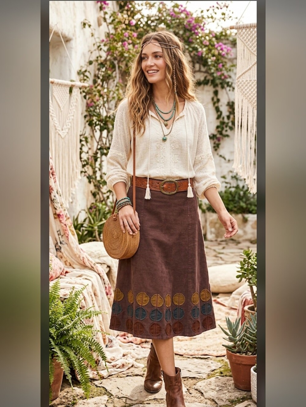 Boden Corduroy Applique A Line Skirt Brown Earthtone Boho Size 2